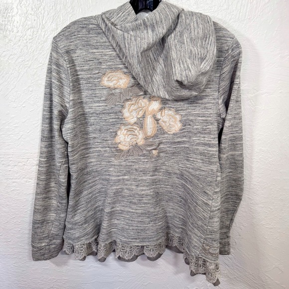 Mur Mur Gray Zip Up Hoodie Floral Embroidered Lace Trim Casual Size M - Picture 2 of 4